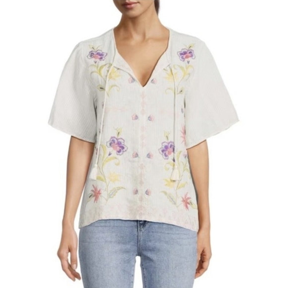 Johnny Was Tops - Johnny Was Calista Floral-Embroidered Linen Blouse NWT - Small